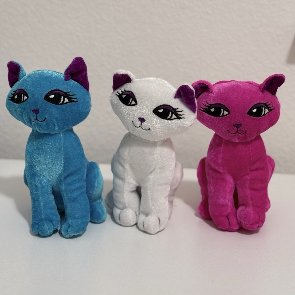 Six Flags Cat Plush Lot of 3 Blue Pink White Vintage Stuffed Animal
